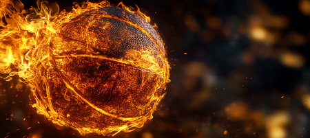 Fiery Basketball A Closeup Shot of a Basketball Engulfed in Flames with Glowing Textured Surfaceの素材