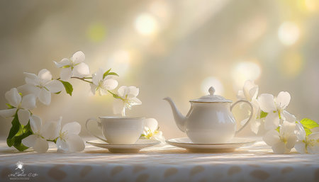 Vintage Tea Time Graceful Setting with Tea Set and Spring Blossoms, Bathed in Gentle Lightの素材