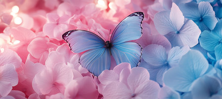 Dreamy Pastel Floral Background A Single Blue Butterfly Rests on Delicate Pink and Blue Flowersの素材