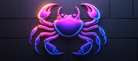 Neon Glowing Cancer Zodiac Symbol on a Textured Wall, Bold and Colorful Astrological Representationの素材