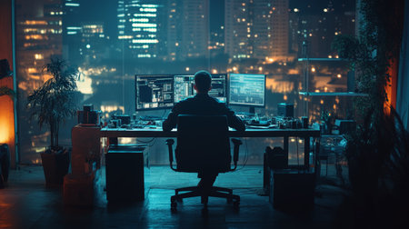 Cybersecurity Specialist Working Late, Monitoring Network Traffic in a High-Tech Urban Officeの素材