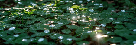 Forest Floor Magic Sunlight Dances Through Vibrant Green Leaves, Sparkling with Dewdrops.の素材
