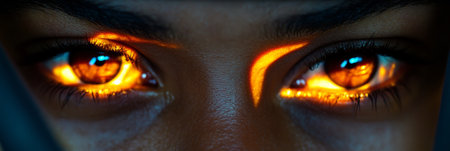 Close-up Portrait of a Young Person with Intense, Bright Orange Eyes Glowing in the Dark.の素材