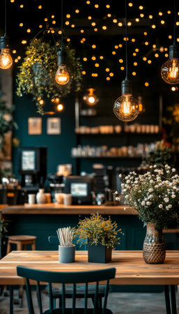 Cozy Restaurant Interior Design, With String Lights, Rustic Decor, Glowing Warm Toned Lighting.の素材