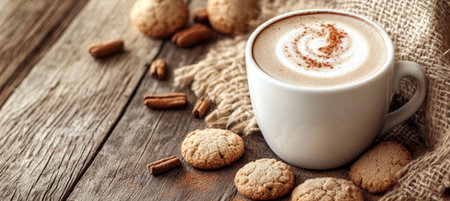 Aromatic Latte Art Coffee with Oatmeal Cookies and Nutmeg Sprinkle on Rustic Backgroundの素材
