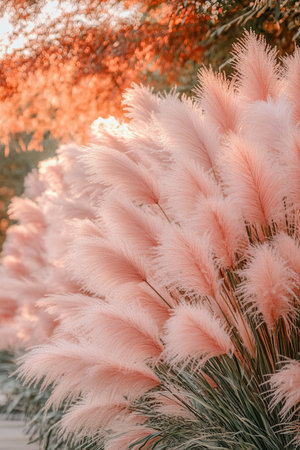 Feathery Pink Pampas Grass Showcasing Soft, Elegant Plumes in a Tranquil Autumn Garden Settingの素材