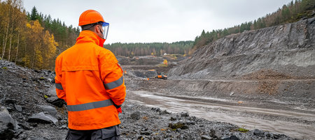 Construction Engineer in Safety Gear Supervises Operations at a Large, Open-Pit Mining Quarryの素材