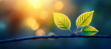 Branch With Fresh Green Leaves Against Soft Golden Bokeh Background, Symbolizing New Life And Springの素材