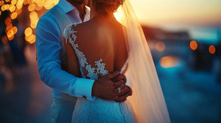 Bride and Groom Embracing at Sunset. Romantic Couple in Love on Wedding Day. Sensual Newlywedsの素材