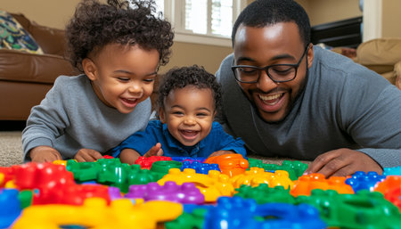 Joyful Family Fun Caring Dad And Two Sons Share Playtime With Colorful Building Blocks.の素材