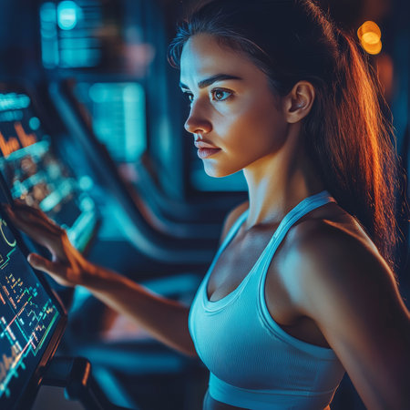 Focused Female Athlete Monitoring Progress On Treadmill At Modern Gym, Fitness Technology Concept.の素材
