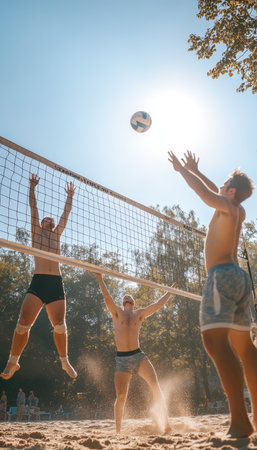 Beach Volleyball Action. Dynamic Play with Players Diving for the Ball Under Summer Sun.の素材