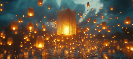 Hundreds of Illuminated Paper Lanterns Floating in the Twilight Sky, Creating a Magical Atmosphereの素材