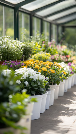 Vibrant Greenhouse Abundance Lush Potted Flowers and Plants in Sunny Garden Center Businessの素材