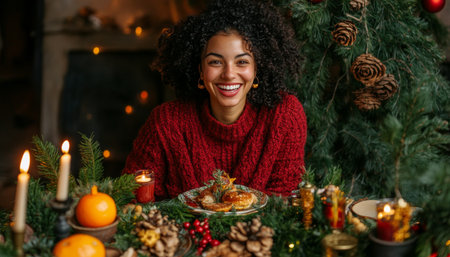 Joyful Young Woman Celebrates Christmas, Enjoying a Festive Meal By the Decorated Treeの素材