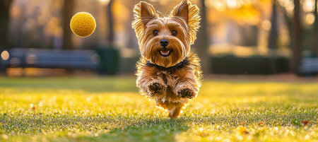 Playful Yorkshire Terrier Enjoys a Sunny Day at the Park, Perfect for Pet Care Contentの素材