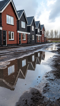 New Suburban Homes with Modern Designs Reflected in a Puddle on a Cloudy Day in the Netherlands.の素材