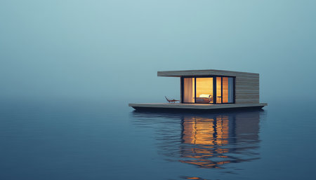 Modern Floating Home on Calm Water at Twilight Tranquil Getaway Minimalist Architecture Designの素材