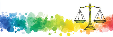 Scales Of Justice On Abstract Watercolor Splashes Representing Law, Equality, And Diversity.の素材