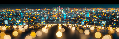 Bokeh City Lights With Golden Glow Abstract Urban Night Background, Cityscape Lightsの素材