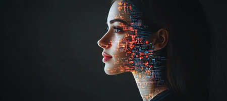 Futuristic Portrait, Young Woman with Glowing Circuits Intertwined with Human Featuresの素材