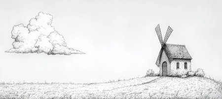 Charming Countryside A Whimsical Black And White Vector Outline Of A Windmill On A Hillの素材
