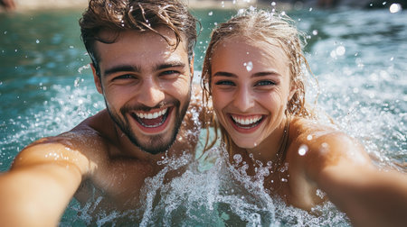 Happy Couple Taking A Selfie While Swimming, Enjoying Their Summer Vacation In Refreshing Water.の素材