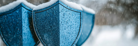Blue Winter Protection Security Shields Covered in Snow Symbolising Safety During the Holidaysの素材