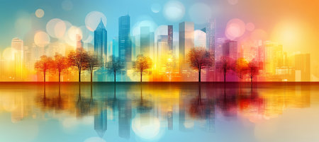 Colorful Cityscape Reflection, Abstract Urban Landscape With Vibrant Bokeh Lights And Treesの素材