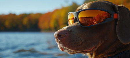 Canine Cool Dog in Mirrored Aviator Sunglasses with Vibrant Fall Background Reflected in the Lensesの素材