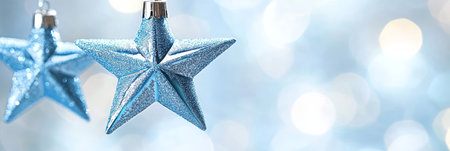 Blue Christmas Stars, Festive Holiday Background With Sparkling Bokeh Lights and Copy Spaceの素材