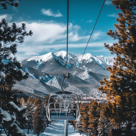Empty Ski Lift Chair Ascending Against Majestic Snowy Mountains, Winter Sports Adventureの素材