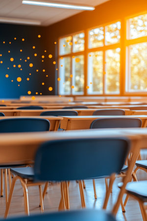Empty Classroom. Ready for New School Year Study Sunlight Streams into a Welcoming Learning Spaceの素材