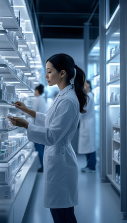 Pharmacists Working Diligently in Modern Hospital Pharmacy, Managing and Stocking Medicationsの素材