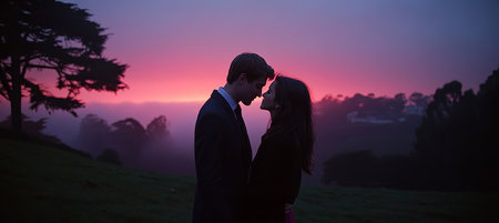 Romantic Silhouetted Couple Shares Tender Moment Against Vibrant Sunset Sky, Abundant Copy Spaceの素材