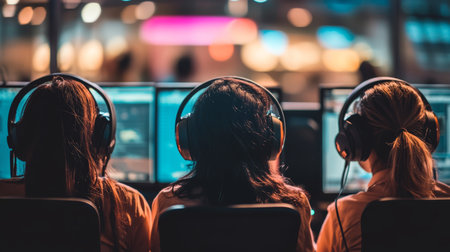 Team of operators working in emergency call center, monitoring incidents and coordinating responseの素材