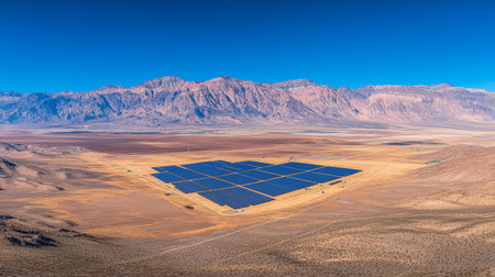 Solar Farm in Arid Landscape, Aerial View. Geometric Pattern of Solar Panels for Sustainable Energy.の素材
