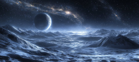 Ethereal moonscape with swirling nebulae and silvery light illuminating barren lunar cratersの素材