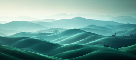 Magical Spring Morning Serene Landscape with Rolling Green Hills Bathed in Soft, Ethereal Lightの素材