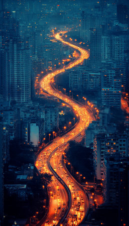 Winding City Lights, Urban Transportation Artery at Night, Logistics and Connectivityの素材