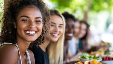 Joyful Friends Enjoying a Sunny Picnic Diverse Group Celebrates with Delicious Foodの素材