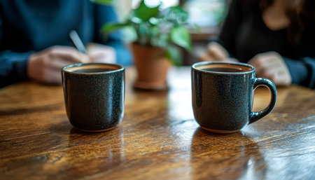Couple Enjoys Coffee and Journaling at Wooden Table, Promoting Self-Care and Connectionの素材