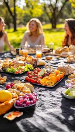 Friends Enjoying a Sunny Park Picnic, Sharing Laughter, Delicious Food, and Outdoor Funの素材