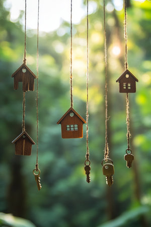 Vibrant house silhouettes and keys against a bright background  a real estate illustrationの素材