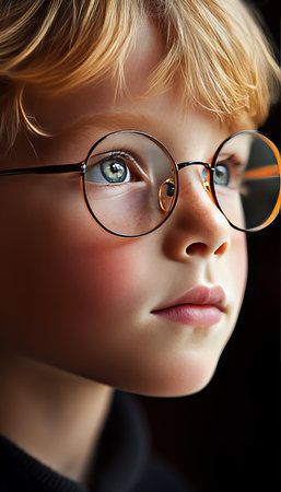 Gazing Wonder Of A Young Child With Glasses, Expressing Innocence, Curiosity, And Hopeの素材