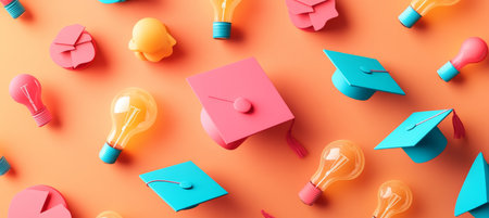 Conceptual Back to School Background With Graduation Caps and Glowing Bright Pastel Orangeの素材