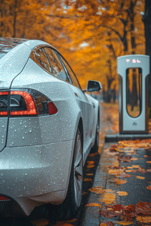 Electric car charging on a rainy autumn day, raindrops glistening on its white surfaceの素材
