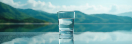 Glass Of Fresh Water On Table With Lake And Mountain View. Health, Hydration, And Wellness Concept.の素材