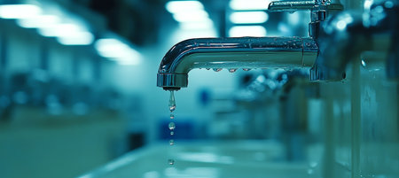 Dripping Faucet Detail of a chrome tap in a public restroom, emphasizing water conservation.の素材