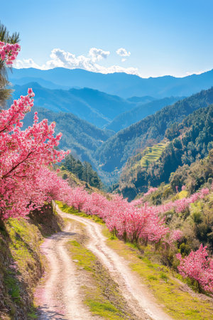 Scenic Winding Dirt Road through Vibrant Blooming Cherry Blossom Trees in Springtime Mountain Valleyの素材